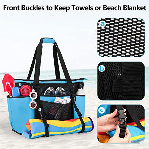 Fasrom Extra Large Mesh Beach Bag with Zipper Bottom, Family Beach Tote Bag with Wet and Dry Separation (Patent Design), Blue - Image 4