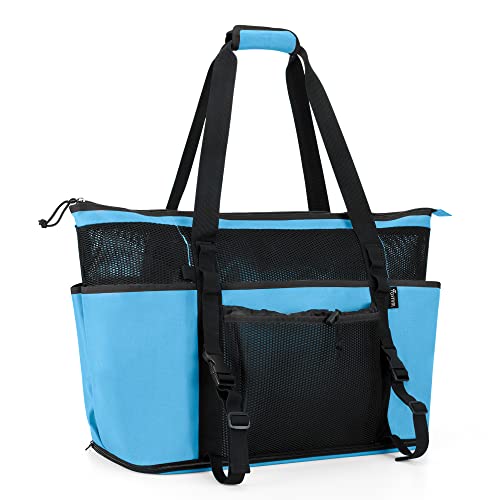 Fasrom Extra Large Mesh Beach Bag with Zipper Bottom, Family Beach Tote Bag with Wet and Dry Separation (Patent Design), Blue - Image 1