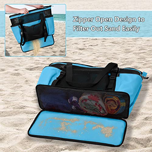 Fasrom Extra Large Mesh Beach Bag with Zipper Bottom, Family Beach Tote Bag with Wet and Dry Separation (Patent Design), Blue - Image 3