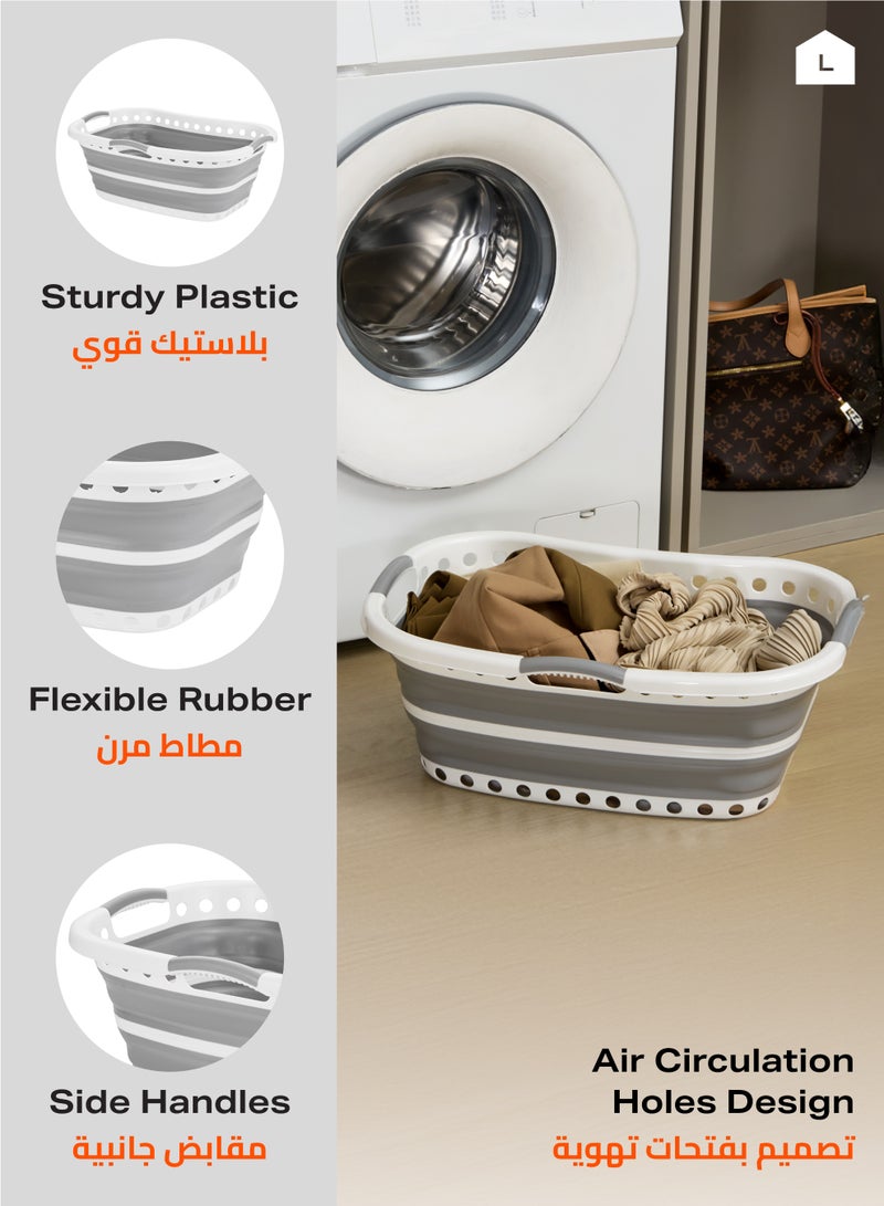 LAWAZIM Collapsible Plastic Laundry Basket - 52x34x20.5cm, Grey & White - Foldable TPR Laundry Hamper with Dual Handles, Ventilated Design, Pop-Up Storage & Organization Basket for Small Spaces, Homes - Image 4