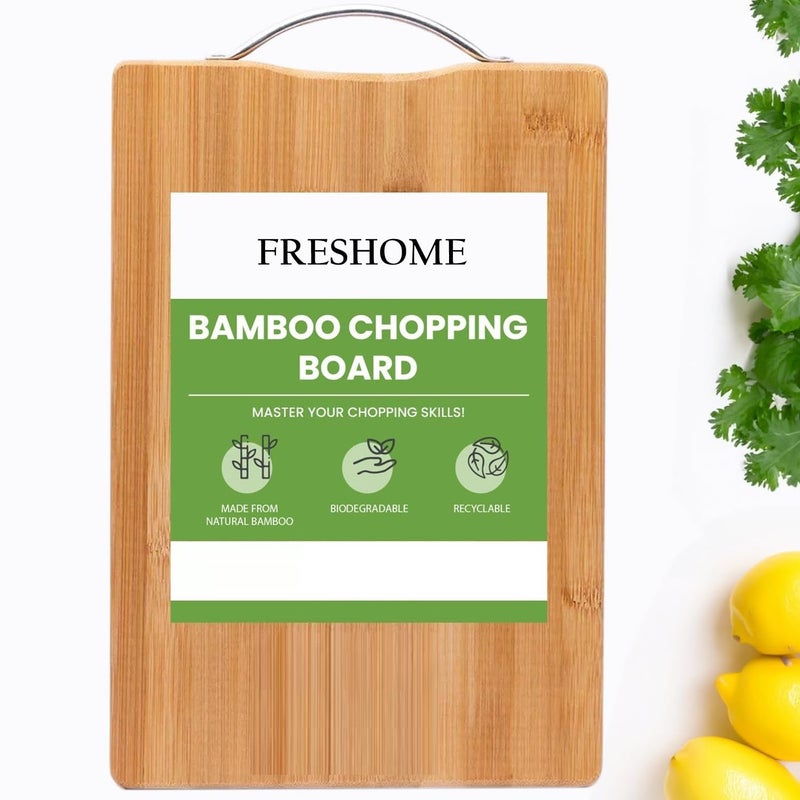 FRESHOME Extra Large Bamboo Wooden Chopping Board 36 X 26 CM with Metal Handle, Multipurpose Cutting Board for Vegetables, Fruits & Cheese, for Kitchen Use, Anti-Microbial - Image 5