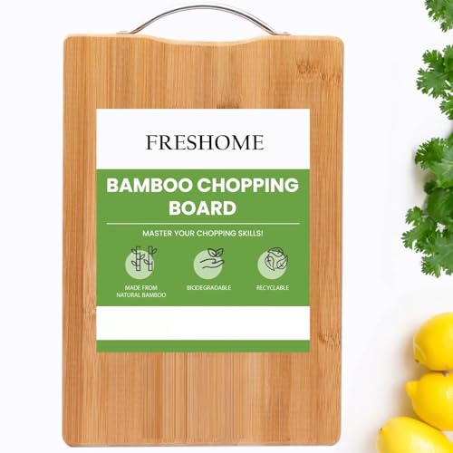 FRESHOME Extra Large Bamboo Wooden Chopping Board 36 X 26 CM with Metal Handle, Multipurpose Cutting Board for Vegetables, Fruits & Cheese, for Kitchen Use, Anti-Microbial - Image 1