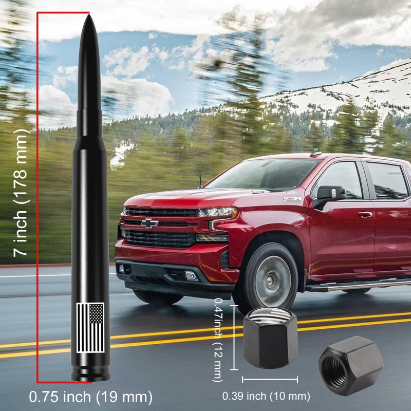 Engirette Car Truck Bullet Antenna with Tire Valve Caps American Flag Universal Short Replacement for GMC Sierra Chevy Silverado Dodge Ram 1500 2500 3500 Ford F150 F250 F350 Super Duty Raptor Accessories, Black - Image 3