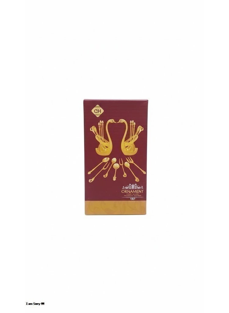 Luxury Golden Swan Base Holder with 6 Decorative Coffee Spoons and Dessert Forks Set