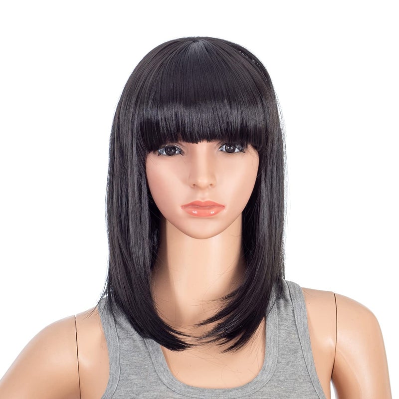 SWACC Short Straight Bob Wig with Bangs Synthetic Colorful Cosplay Daily Party Flapper Wig for Women with Wig Cap Black1B
