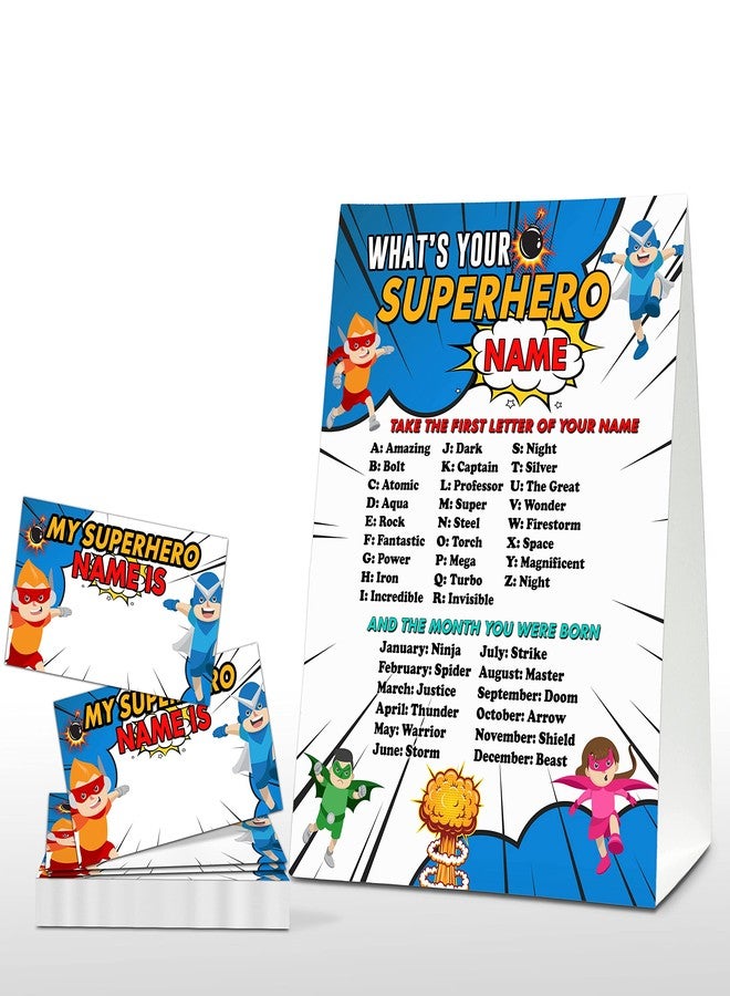 Foosproea What's Your Superhero Name Game - Super Hero Birthday Party Games for Boys - Family School Classroom Activity - 1 Standing Sign and 30 Stickers - Kids Superhero Party Supplies Decorations(07) - Image 1