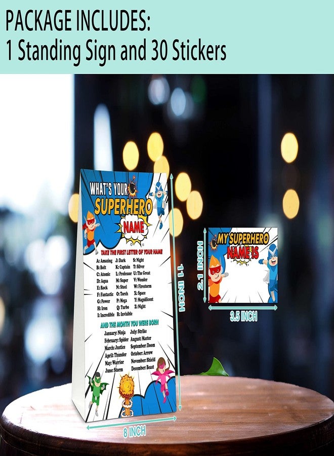 Foosproea What's Your Superhero Name Game - Super Hero Birthday Party Games for Boys - Family School Classroom Activity - 1 Standing Sign and 30 Stickers - Kids Superhero Party Supplies Decorations(07) - Image 2