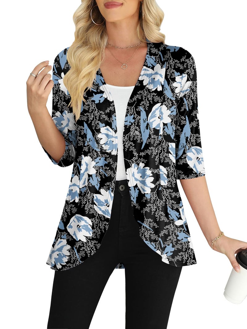 Yincro Women's 3/4 Sleeve Cardigan Casual Lightweight Soft Open Front Cardigans (White Lily Black, XL) - Image 1
