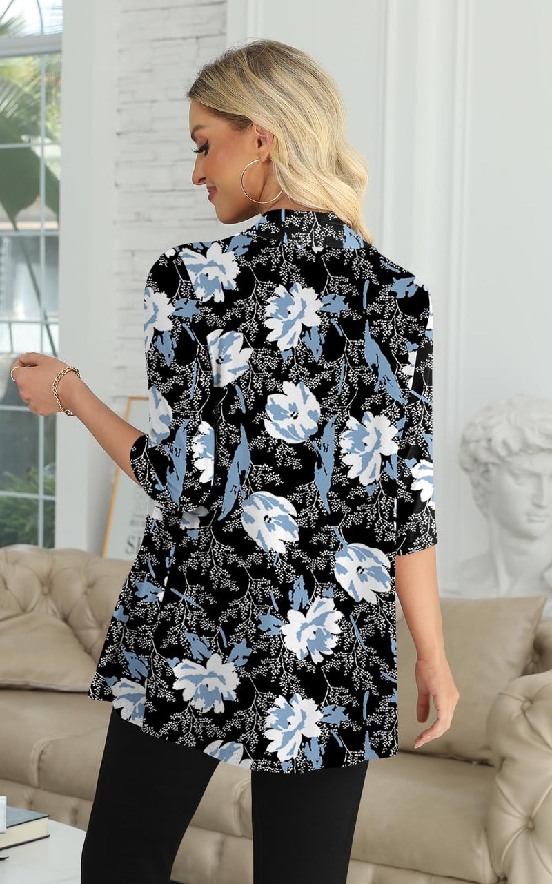 Yincro Women's 3/4 Sleeve Cardigan Casual Lightweight Soft Open Front Cardigans (White Lily Black, XL) - Image 3