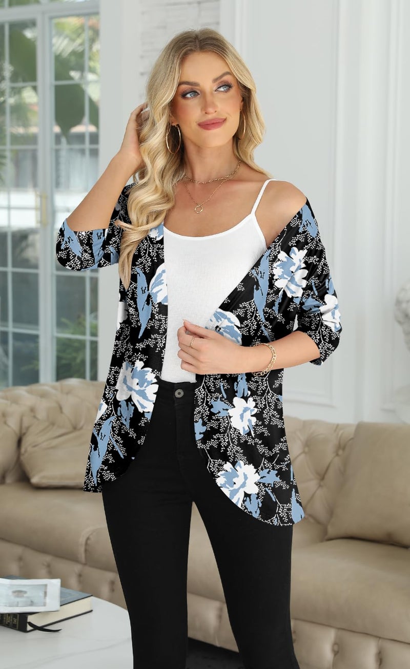 Yincro Women's 3/4 Sleeve Cardigan Casual Lightweight Soft Open Front Cardigans (White Lily Black, XL) - Image 4