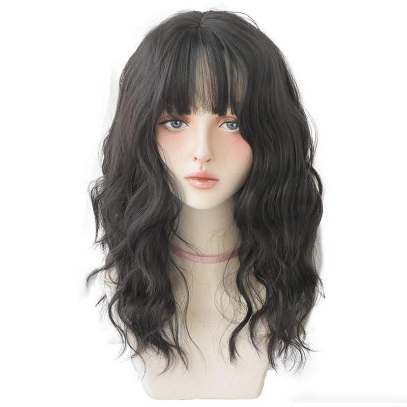 URCGTSA Wavy wigs with Bangs for women Party Wigs Natural Looking Heat Resistant Fiber Hair Color Wavy hair osplay Daily Part Wig for Women Full Hair Straight Wigs Black brown 
