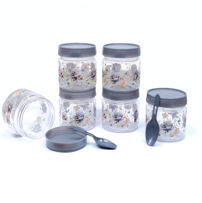 CONTAINER SET AIRTIGHT PLASTIC CONTAINER FOR KITCHEN STORAGE SET SMALL SPICE AND GROCERY STORAGE JAR BOX WITH SPOON MASALA BOX STORAGE ORGANIZER FOR PANTRY 200 ML GREY 6 PIECES
