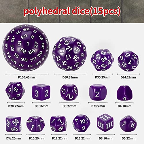 CiaraQ DND Polyhedral Dice Set 15pcs D4D100 Game Dice with Dice Bag for Dungeons and Dragons Role Playing Table Games Purple White - Image 5