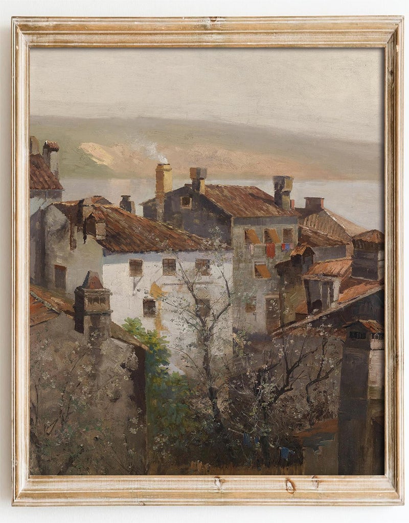Kizbok Vintage Wall Art - Retro Rustic European Cityscape Canvas Oil Painting for Vintage Room Decor, Cozy Bedroom & Bathroom Decor (8" x 10" - UNFRAMED) - Image 1