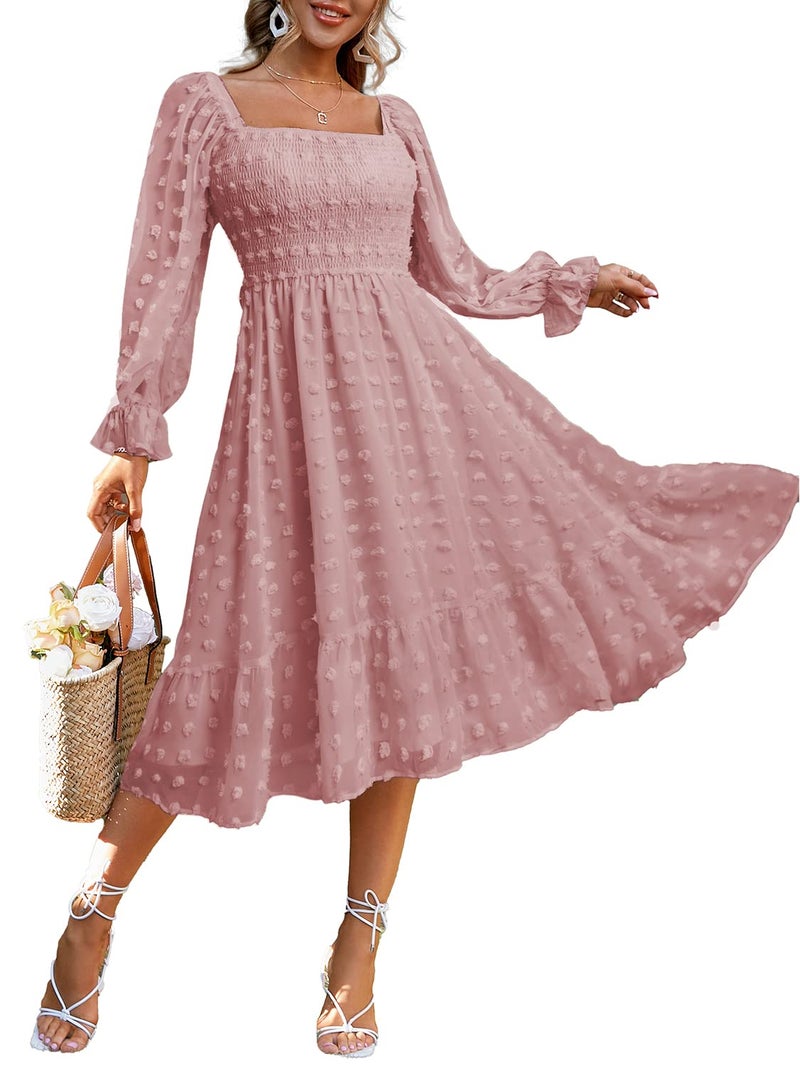 Amegoya Women's Elegant Square Neck Long Sleeve Formal Dress Fall Swiss Dot Modest Smocked Midi Wedding Guest Dress (Pink L) - Image 1