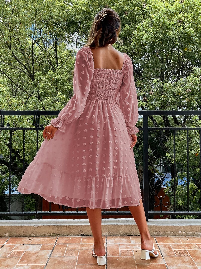 Amegoya Women's Elegant Square Neck Long Sleeve Formal Dress Fall Swiss Dot Modest Smocked Midi Wedding Guest Dress (Pink L) - Image 4