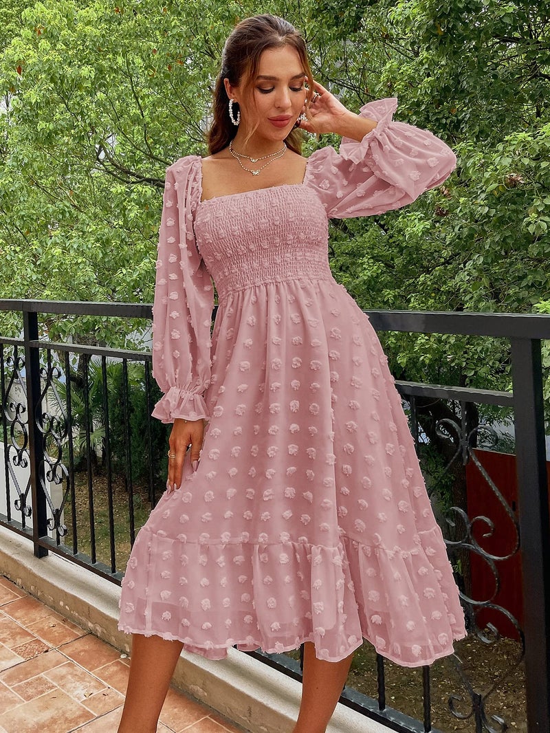 Amegoya Women's Elegant Square Neck Long Sleeve Formal Dress Fall Swiss Dot Modest Smocked Midi Wedding Guest Dress (Pink L) - Image 2