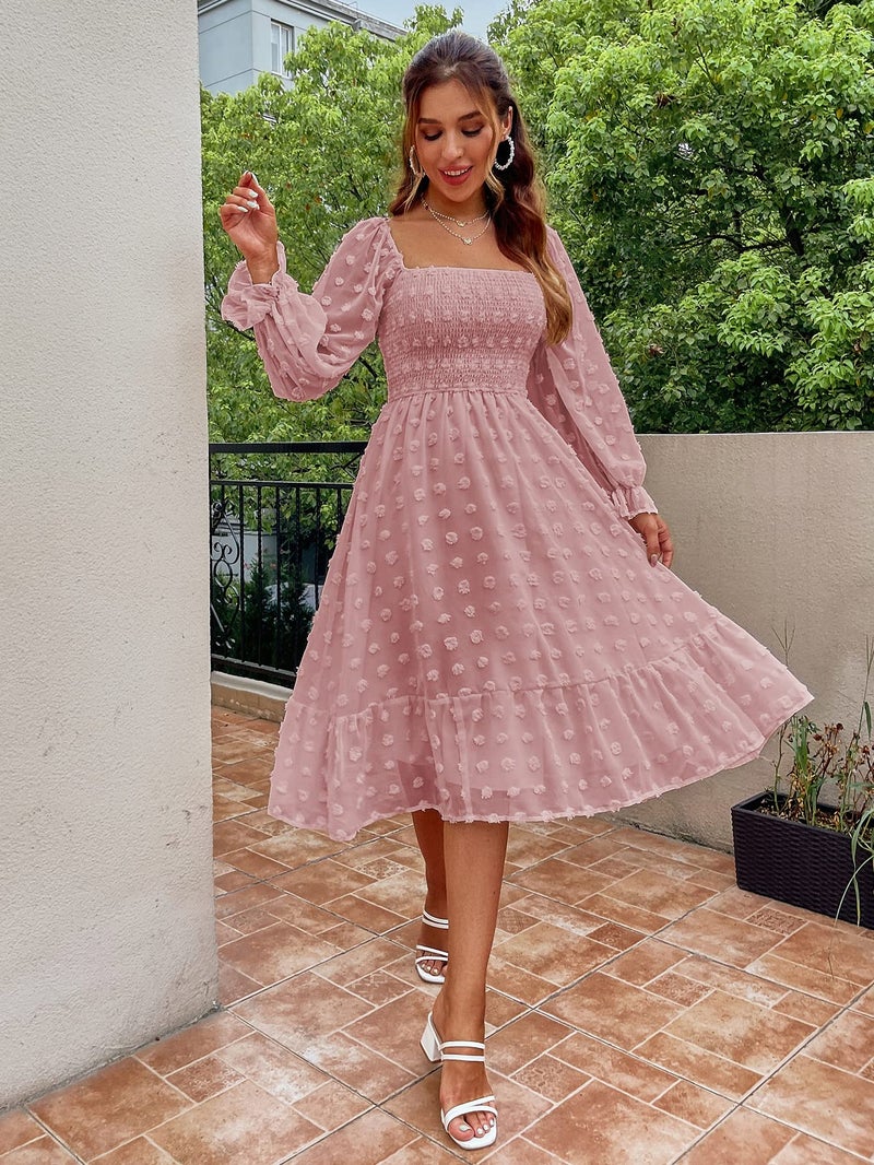 Amegoya Women's Elegant Square Neck Long Sleeve Formal Dress Fall Swiss Dot Modest Smocked Midi Wedding Guest Dress (Pink L) - Image 5