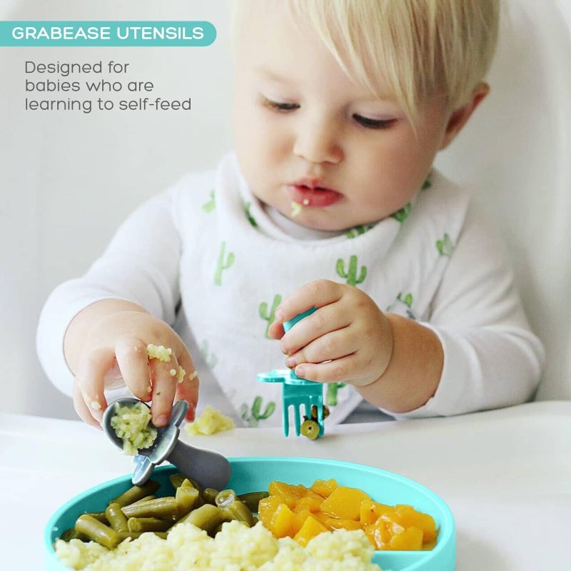 Grabease Silicone Baby Feeding Utensil Set - Self-Feeding Forks For Baby - Forks & Spoon, Ages 6-12 Months - Dishwasher-Safe Infant Spoon & Utensil - Teal & Gray, Pack of 2 - Image 3