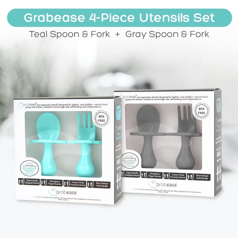 Grabease Silicone Baby Feeding Utensil Set - Self-Feeding Forks For Baby - Forks & Spoon, Ages 6-12 Months - Dishwasher-Safe Infant Spoon & Utensil - Teal & Gray, Pack of 2 - Image 2