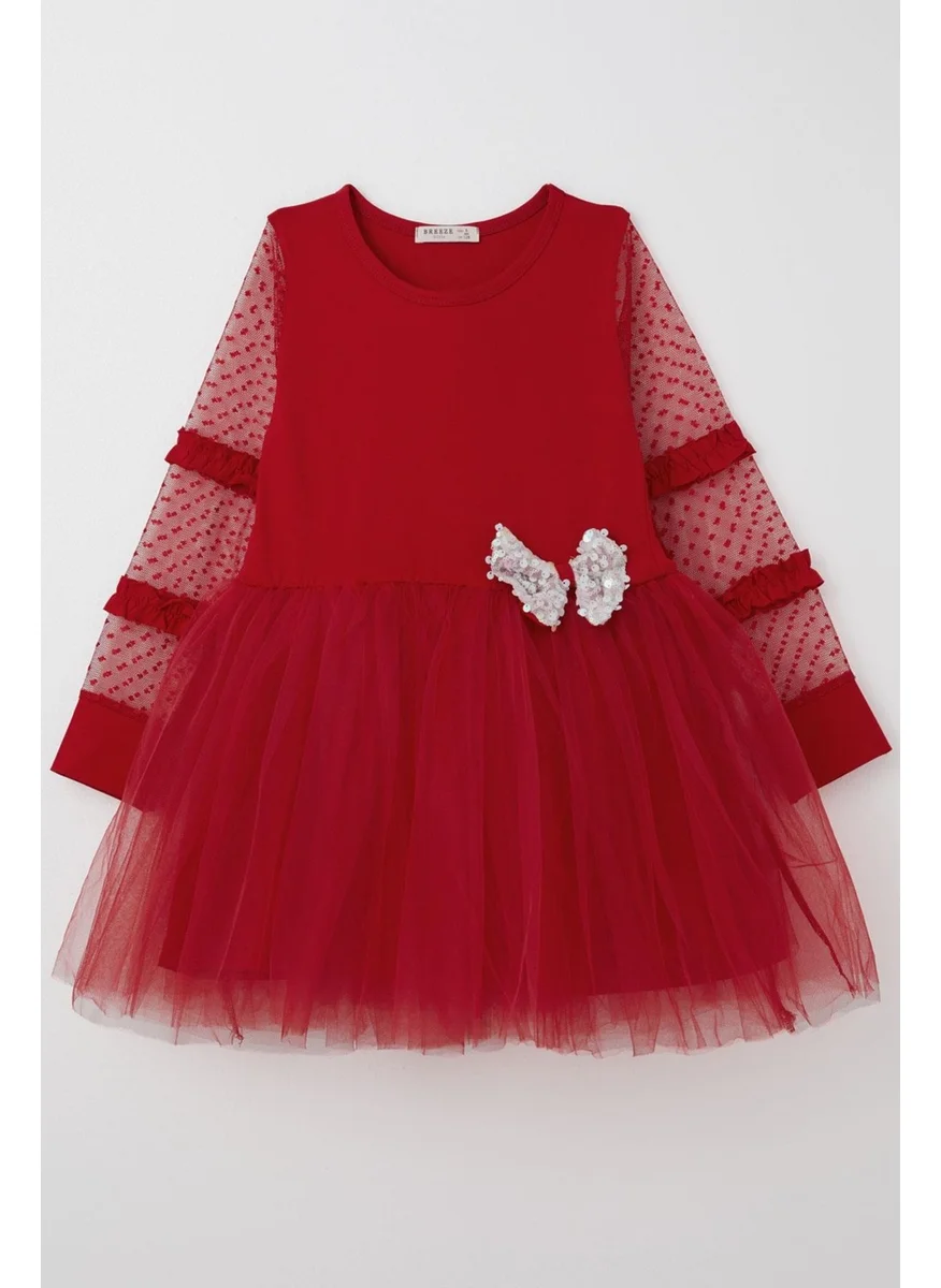 Breeze Girl Long Sleeve Dress with Tulle Bow Accessory and Tulle Sleeves, 5-10 Years Old, Red