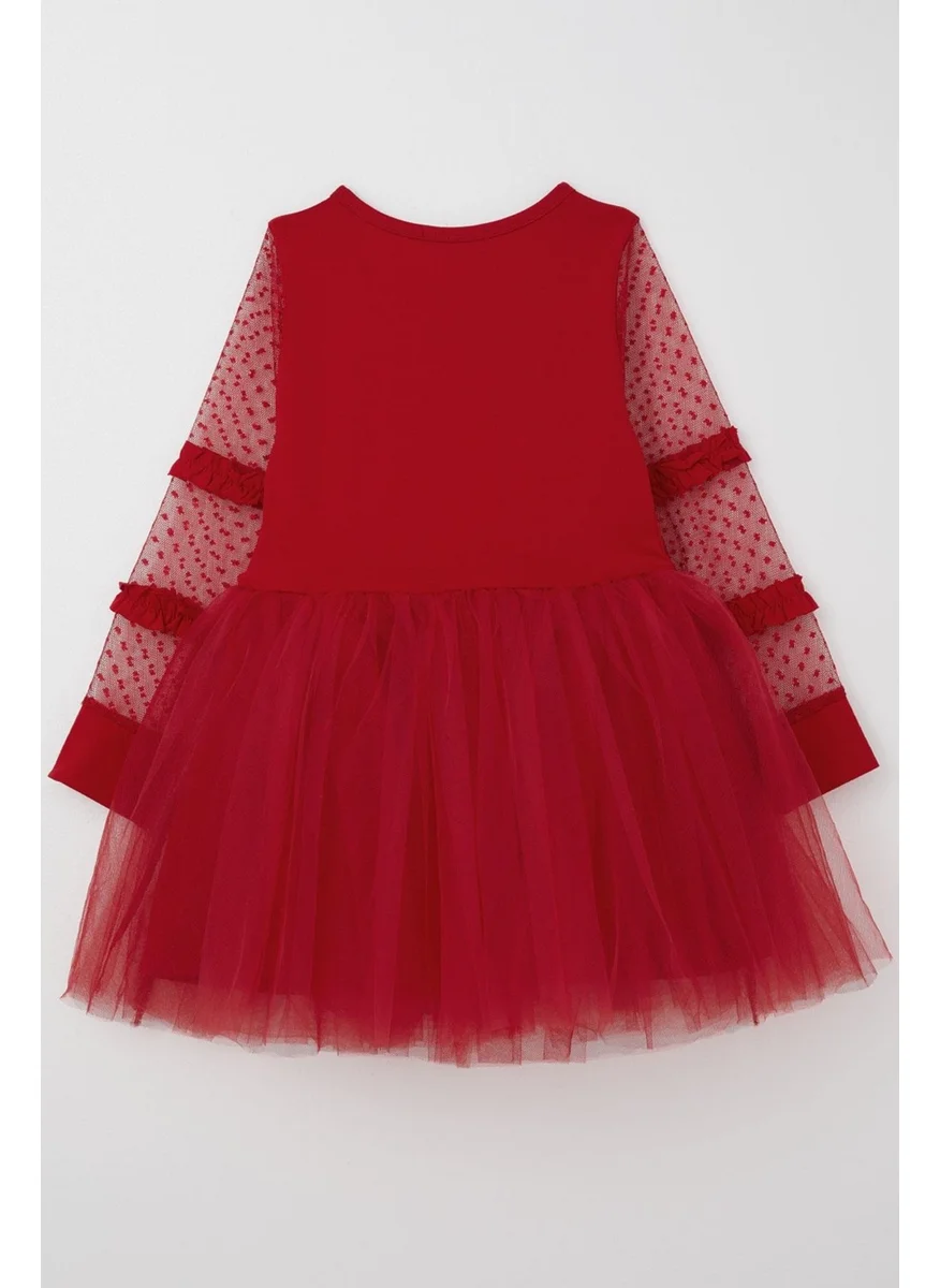 Breeze Girl Long Sleeve Dress with Tulle Bow Accessory and Tulle Sleeves, 5-10 Years Old, Red