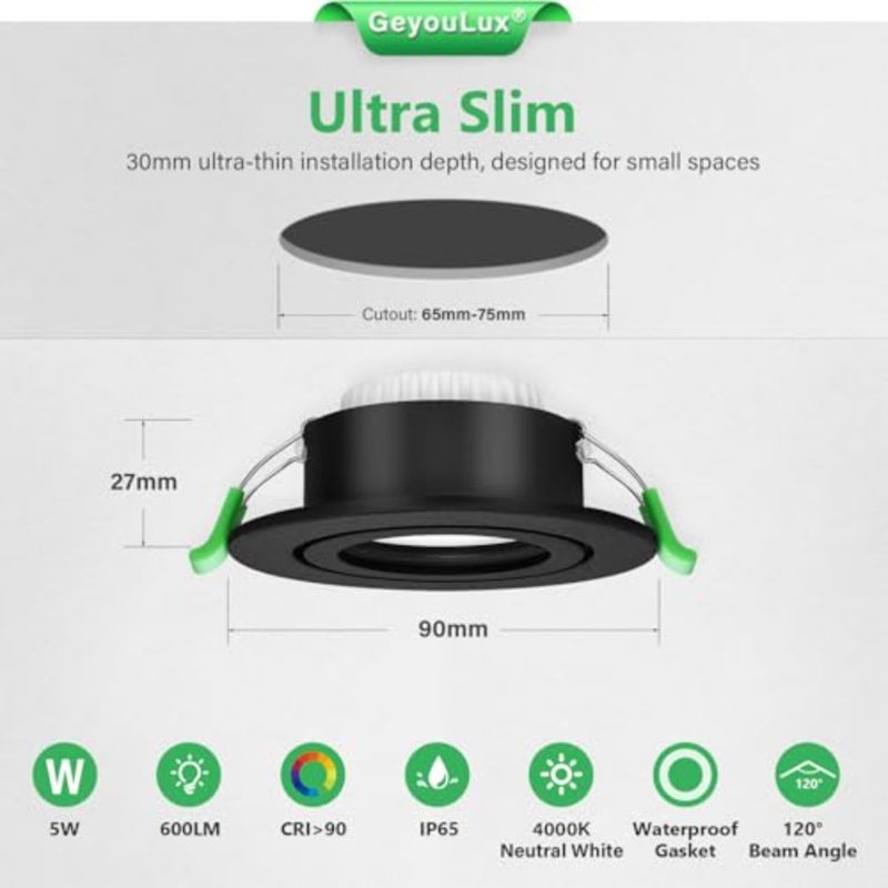 أضواء كاشفة LED غائرة، 230 فولت، IP65، 5 وات، 600 لومن، مصابيح سقف موجهة، أضواء غائرة 65-75 مم، 4000 كلفن أبيض محايد، مسطحة للغاية، أضواء كاشفة غائرة للحمام، المطبخ، مستديرة، LED أسود - Image 2