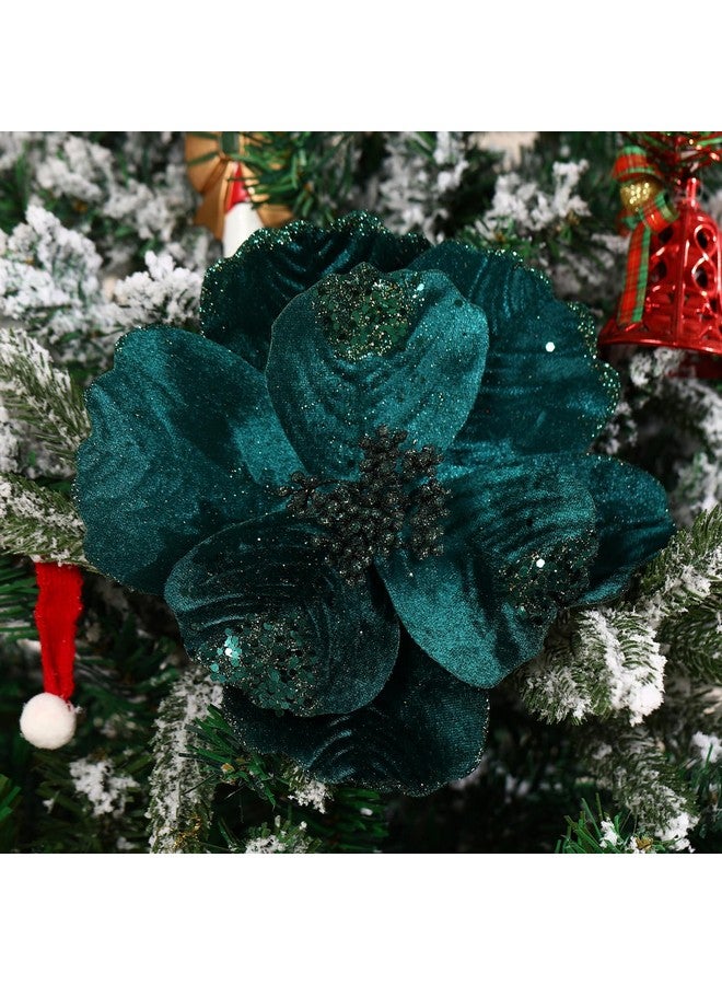 GL-Turelifes 8.7’’ Large Glitter Christmas Flowers 6 Pcs Artificial Poinsettia Flower Velvet Christmas Tree Flower Ornaments Fold Floral For Christmas New Year Party Wedding Decor (Blackish Green)  - Image 2