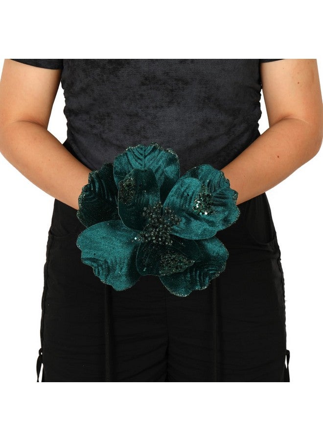 GL-Turelifes 8.7’’ Large Glitter Christmas Flowers 6 Pcs Artificial Poinsettia Flower Velvet Christmas Tree Flower Ornaments Fold Floral For Christmas New Year Party Wedding Decor (Blackish Green)  - Image 4