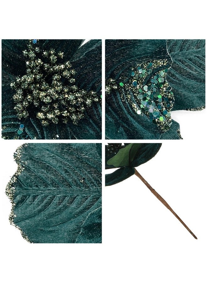 GL-Turelifes 8.7’’ Large Glitter Christmas Flowers 6 Pcs Artificial Poinsettia Flower Velvet Christmas Tree Flower Ornaments Fold Floral For Christmas New Year Party Wedding Decor (Blackish Green)  - Image 5