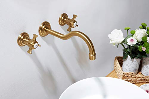 SITGES Antique Wall Faucet,Two Handle Bathroom Sink Wall Mount Faucet with Rough in Valve Included,Gold Brushed - Image 5