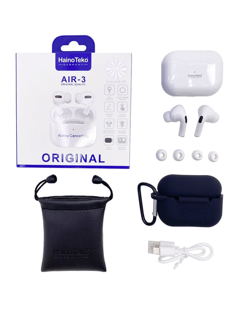 HainoTeko - Air-3 Wireless Bluetooth Earbuds Apple & Android Compatibility Built-in Microphone True Wireless Earbuds in-Ear Bluetooth Headphones Earphones Auto Power On/Off Touch Control With Case Noise Cancelling White - Image 1