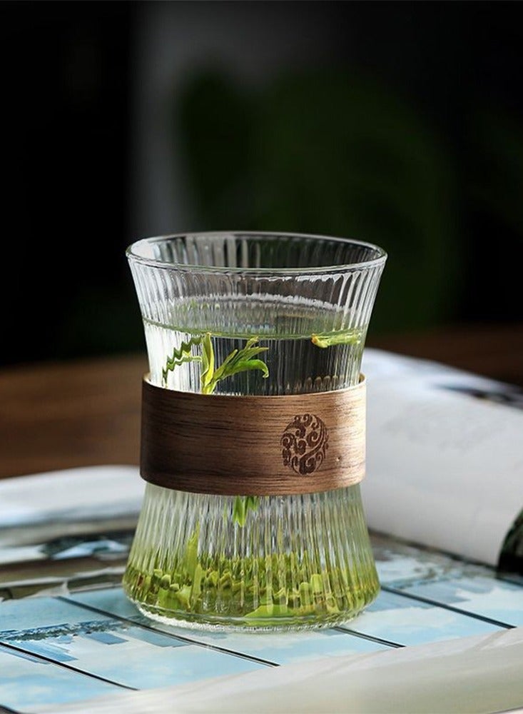 HaHaHai Glass Coffee Mug Cup with Heat-Insulating Wood Chips – Coffee & Tea Cups, Vertical Stripes, 300ml, Mousse & Juice, European Style - Image 2