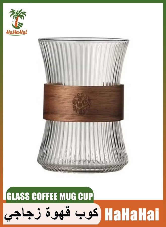 HaHaHai Glass Coffee Mug Cup with Heat-Insulating Wood Chips – Coffee & Tea Cups, Vertical Stripes, 300ml, Mousse & Juice, European Style - Image 1