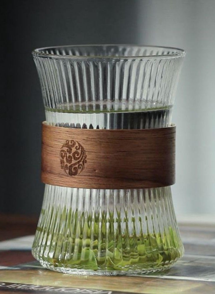 HaHaHai Glass Coffee Mug Cup with Heat-Insulating Wood Chips – Coffee & Tea Cups, Vertical Stripes, 300ml, Mousse & Juice, European Style - Image 3