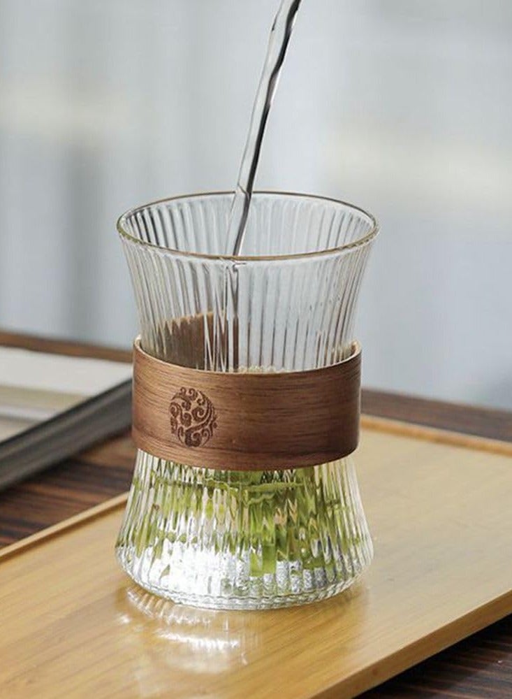 HaHaHai 300ml Glass Coffee Mug, Creative Tea Cup with Wooden Insulation Ring, Mousse Cup with Vertical Stripesg  - Image 5