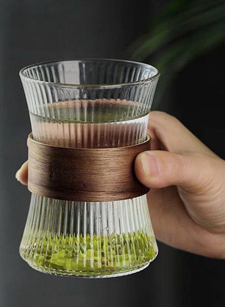 HaHaHai 300ml Glass Coffee Mug, Creative Tea Cup with Wooden Insulation Ring, Mousse Cup with Vertical Stripesg  - Image 4