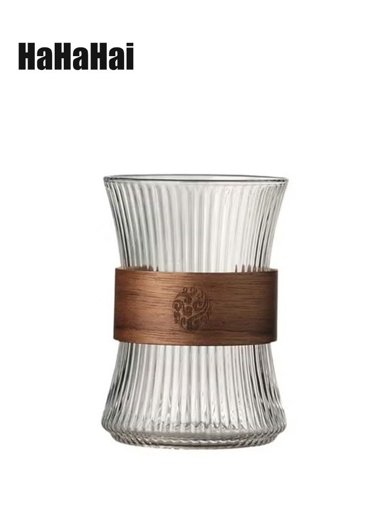 HaHaHai 300ml Glass Coffee Mug, Creative Tea Cup with Wooden Insulation Ring, Mousse Cup with Vertical Stripesg  - Image 1