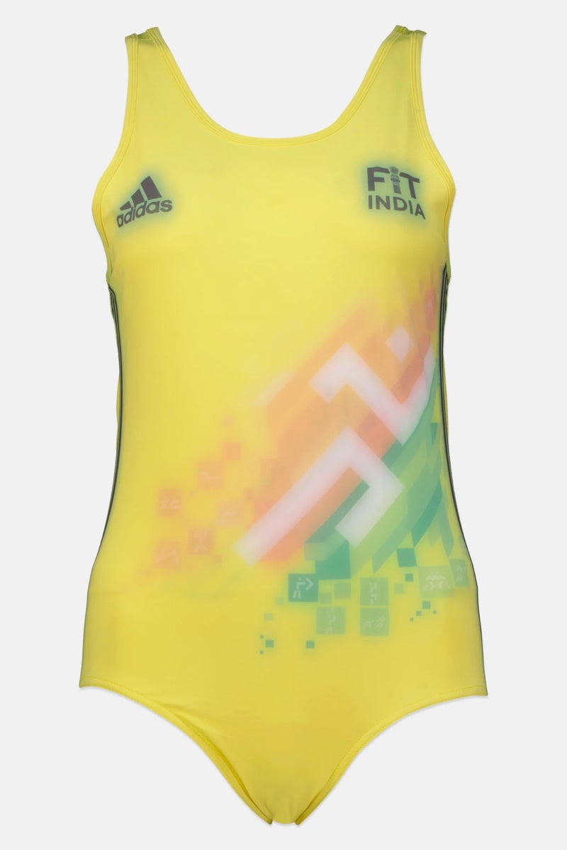 Adidas Women One Piece Brand Logo Non Padded Swimsuits, Yellow - Image 2