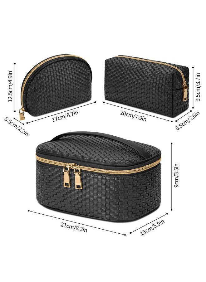 KTMOUW - Makeup Bag 3 Pcs waterproof Cosmetic Bag Portable Travel Cosmetic Bag Weave Organizer storage bag (Black) - Image 1