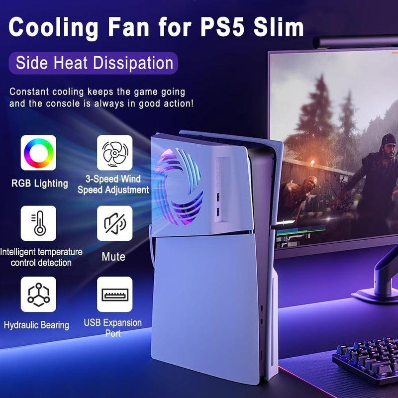 Excefore Fan for PS5 Slim Cooling with Side Heat Dissipation, Automatic Temperature Control, RGB LED Lighting, 3 Speed Adjustable Fan, Dual USB 2.0 Hub, Silent Overheat Prevention Accessory - Image 5