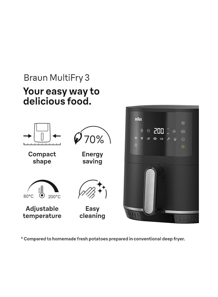 Braun MultiFry 3 AirFryer, Digital Touch Screen, 8 Automatic Programs, 4.3 Litre Capacity, 1500 Watts, Auto-Off - 70% Energy Saving - HF 3030 - Black 4.3 L 1500 W HF 3030 BK Black - Image 2