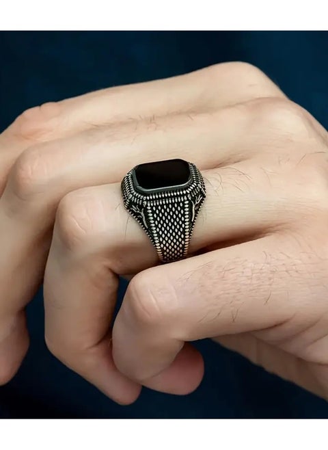 1pc Vintage Carved Ring Black Artificial Gemstone Ring, Gothic Dragon Scale Ring Textured Copper Ring, Hip-hop Rings Punk Rings Street Dance Rings, Fashion Jewelry For Men, Best Gift For Boyfriend/Husband