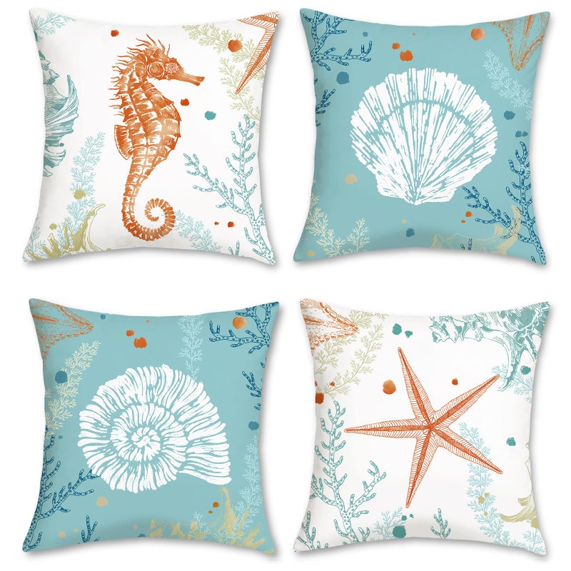 Bonhause Coastal Beach Throw Pillow Covers 18 x 18 Inch Set of 4 Seahorse Starfish Shell Ocean Blue Decorative Pillows Case Soft Velvet Outdoor Cushion Covers for Couch Sofa Bed Home Decor