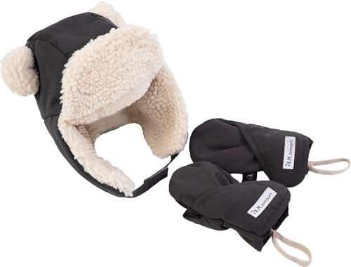 7 A.M 7AM Unisex Vegan Sherpa Lined Hat Mittens for Newborn Waterproof Soft Warm Baby Winter Hat Gloves Set Winter Baby Essentials Chapka Set Benji Smokey - Image 1