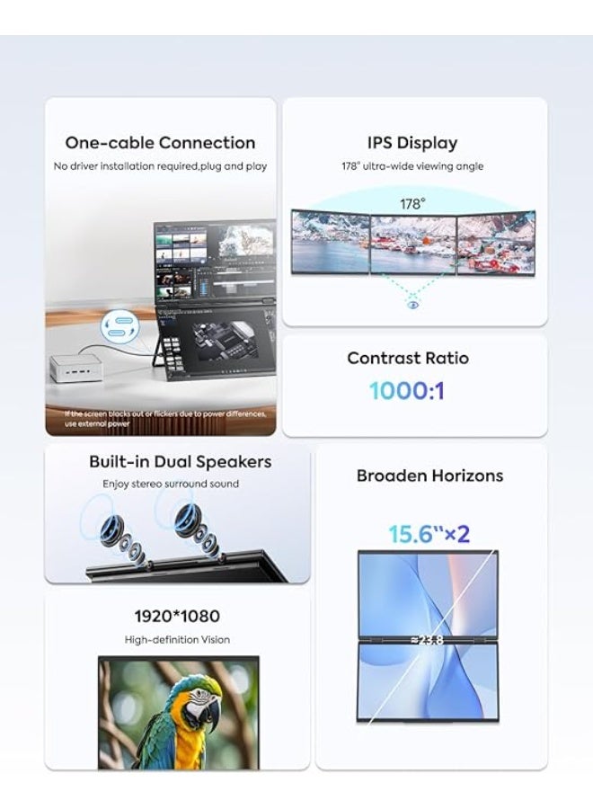 15.6" Dual-Screen Portable Monitor – FHD 1080P USB-C & HDMI, Foldable with Built-in Speakers & 180° Rotation - Image 5