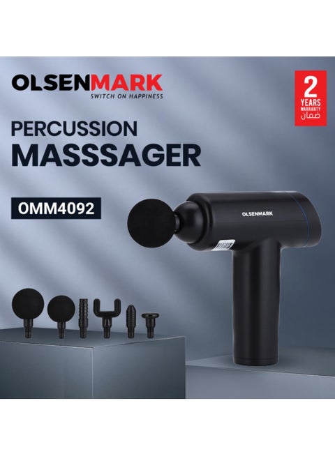 Olsenmark 6 in 1 Percussion Massager for Pain Relief, Rechargeable and Cordless Gun with an Ergonomic Grip, Massage Gun for full body with Detachable Head, 2 year warranty