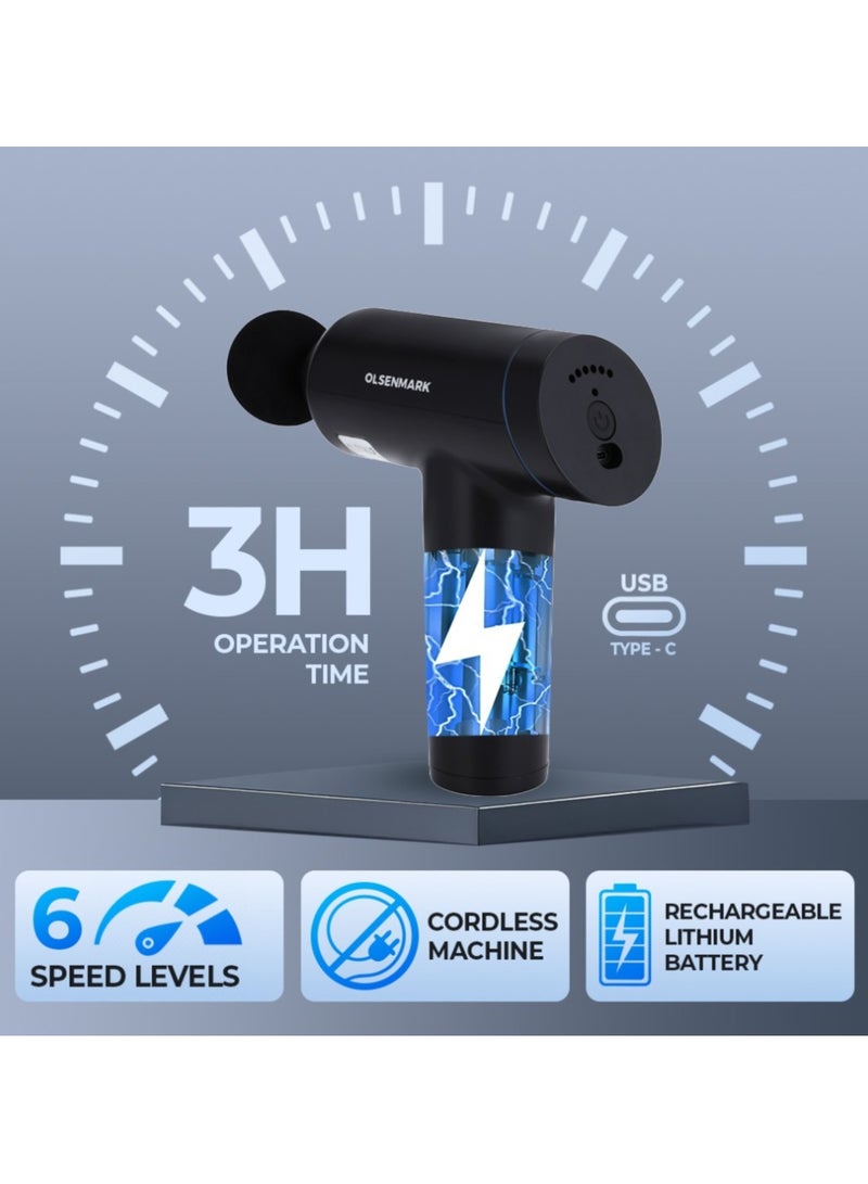 Olsenmark 6 in 1 Percussion Massager for Pain Relief, Rechargeable and Cordless Gun with an Ergonomic Grip, Massage Gun for full body with Detachable Head, 2 year warranty