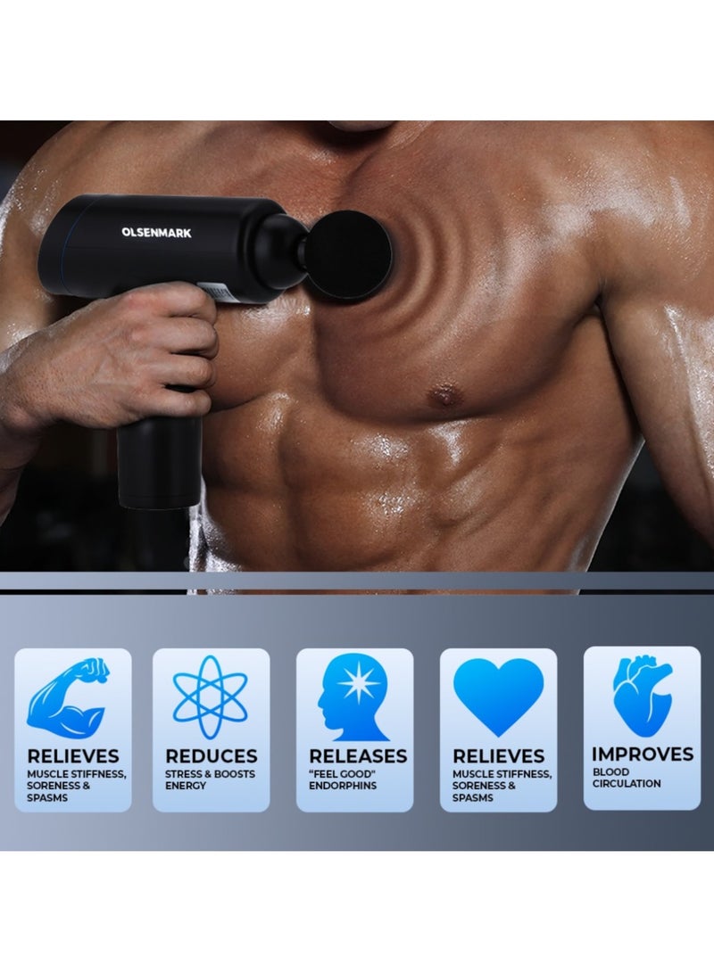 Olsenmark 6 in 1 Percussion Massager for Pain Relief, Rechargeable and Cordless Gun with an Ergonomic Grip, Massage Gun for full body with Detachable Head, 2 year warranty