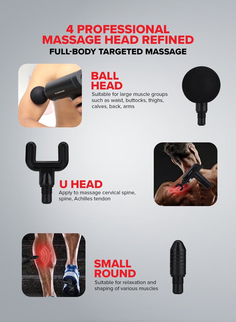 Olsenmark 6 in 1 Percussion Massager for Pain Relief, Rechargeable and Cordless Gun with an Ergonomic Grip, Massage Gun for full body with Detachable Head, 2 year warranty